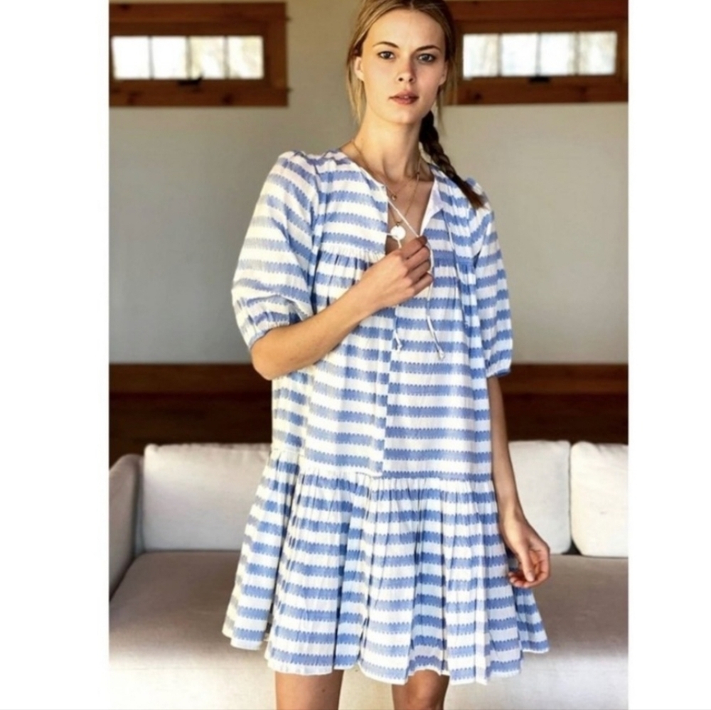 Emerson Fry India Collection Mini Dress Blue White Tiered Short Sleeve XS